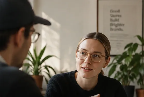 Two people in conversation across a desk in a bright studio, with plants and a framed poster behind them